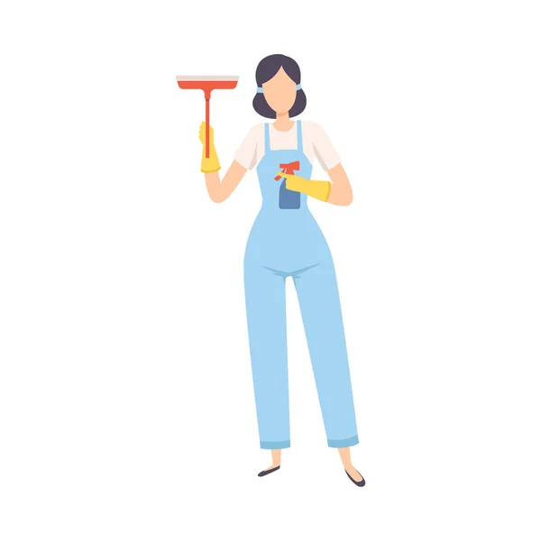 女性专业清洁工站立与刮刀和喷雾器瓶，清洁公司工作人员字符穿着制服与设备平面矢量插图 — 图库矢量图片