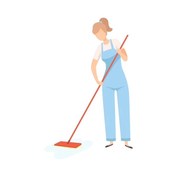 Limpiador Profesional Femenino Mopping the Floor, Personaje del Personal de Limpieza Vestido en Uniforme con Equipo Flat Vector Illustration — Vector de stock