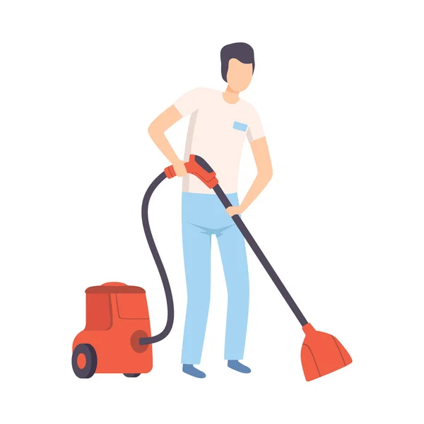 Mannelijke professionele Cleaner vacuuming vloer, schoonmaakbedrijf personeel karakter gekleed in uniform met apparatuur platte vector illustratie — Stockvector