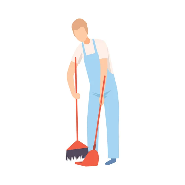 Limpiador profesional masculino que barre el piso, carácter del personal de la compañía de limpieza vestido con uniforme con el equipo Ilustración plana del vector — Vector de stock
