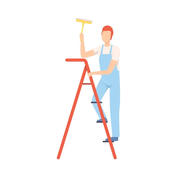 Αρσενικό επαγγελματικό καθαριστικό γυαλιού με σκάλα και τη σπάτουλα, καθαρισμός της εταιρείας προσωπικό χαρακτήρας ντυμένος σε στολή με εξοπλισμό επίπεδη απεικόνιση — Διανυσματικό Αρχείο