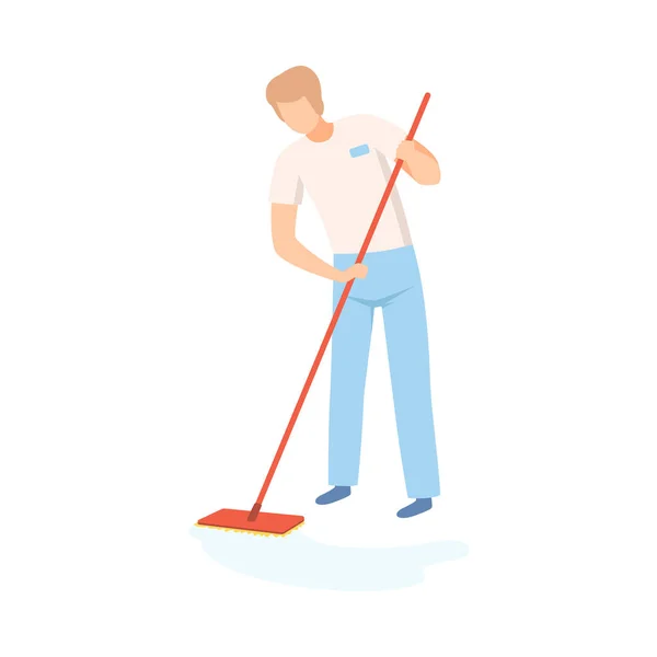 Limpiador profesional masculino que limpia el piso, carácter del personal de la compañía de limpieza vestido con uniforme con la ilustración plana del vector del equipo — Archivo Imágenes Vectoriales