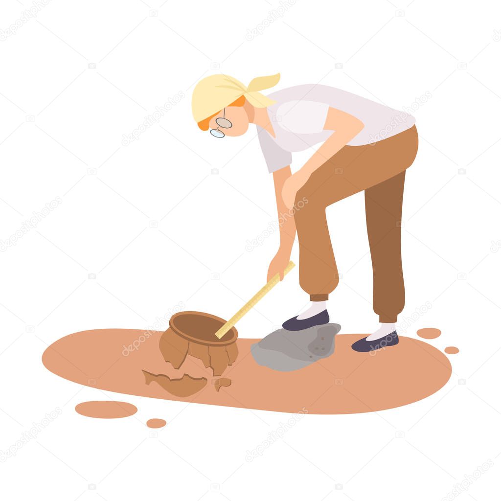 Female Archaeologist Researching and Measuring Ancient Amphora, Scientist Character Working on Excavations with Historical Artifacts Flat Vector Illustration