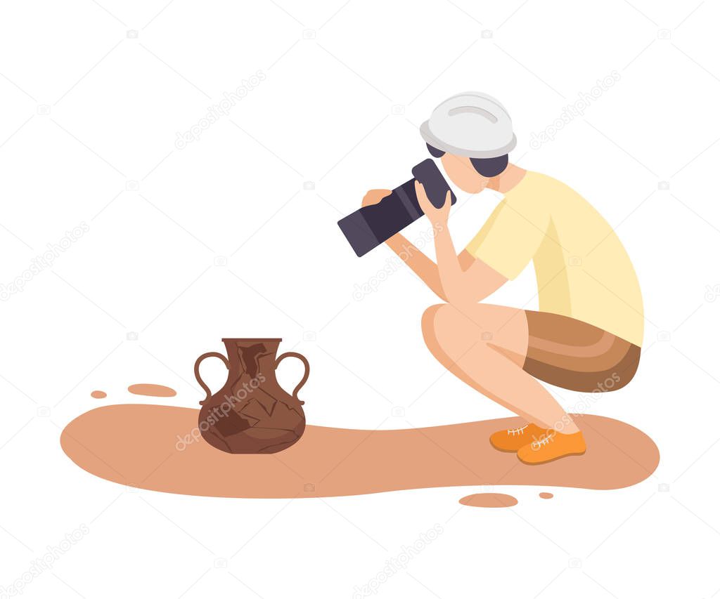 Female Archaeologist Researching and Photographing Ancient Amphora, Scientist Character Working on Excavations with Historical Artifacts Flat Vector Illustration