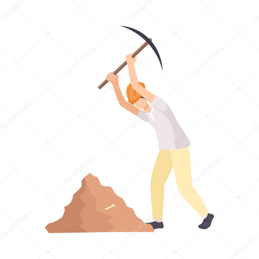 Male Archaeologist Scientist Character in Protective Hat Working on Excavations with Pickaxe Flat Vector Illustration