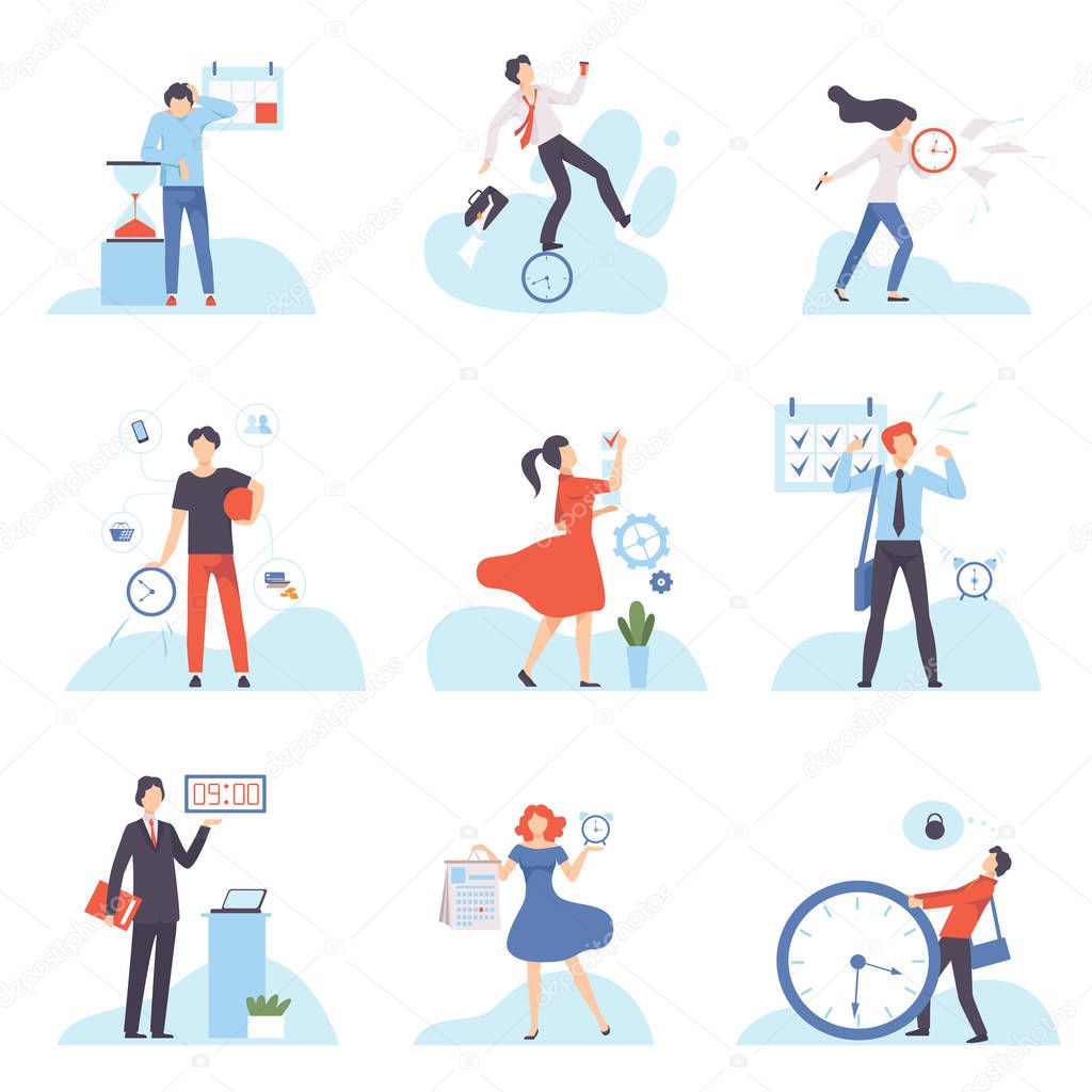 Businesspeople Planning, Controlling and Managing Their Working Time Set, Organization and Control of Working Time, Efficient Time Management Business Concept Flat Vector Illustration