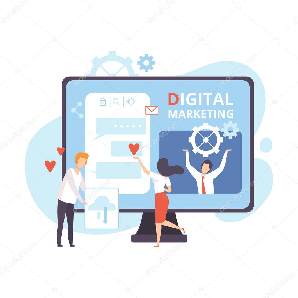 Digital Marketing, Creative Team Working on Web Images, Content and Management Strategy, Teamwork Flat Vector Illustration