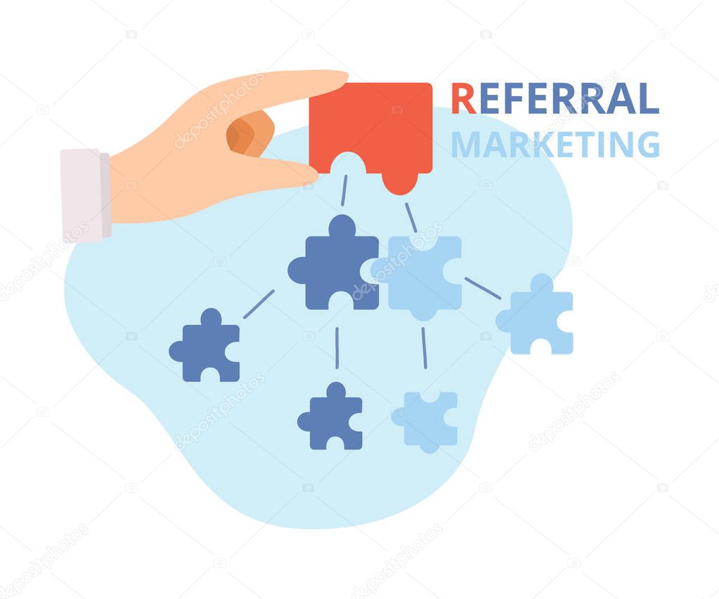 Referral Marketing, Hand Putting Puzzle Pieces, Program Strategy, Customer Database, Refer a Friend, Business Partnership, Blogging Promotion Services Flat Vector Illustration