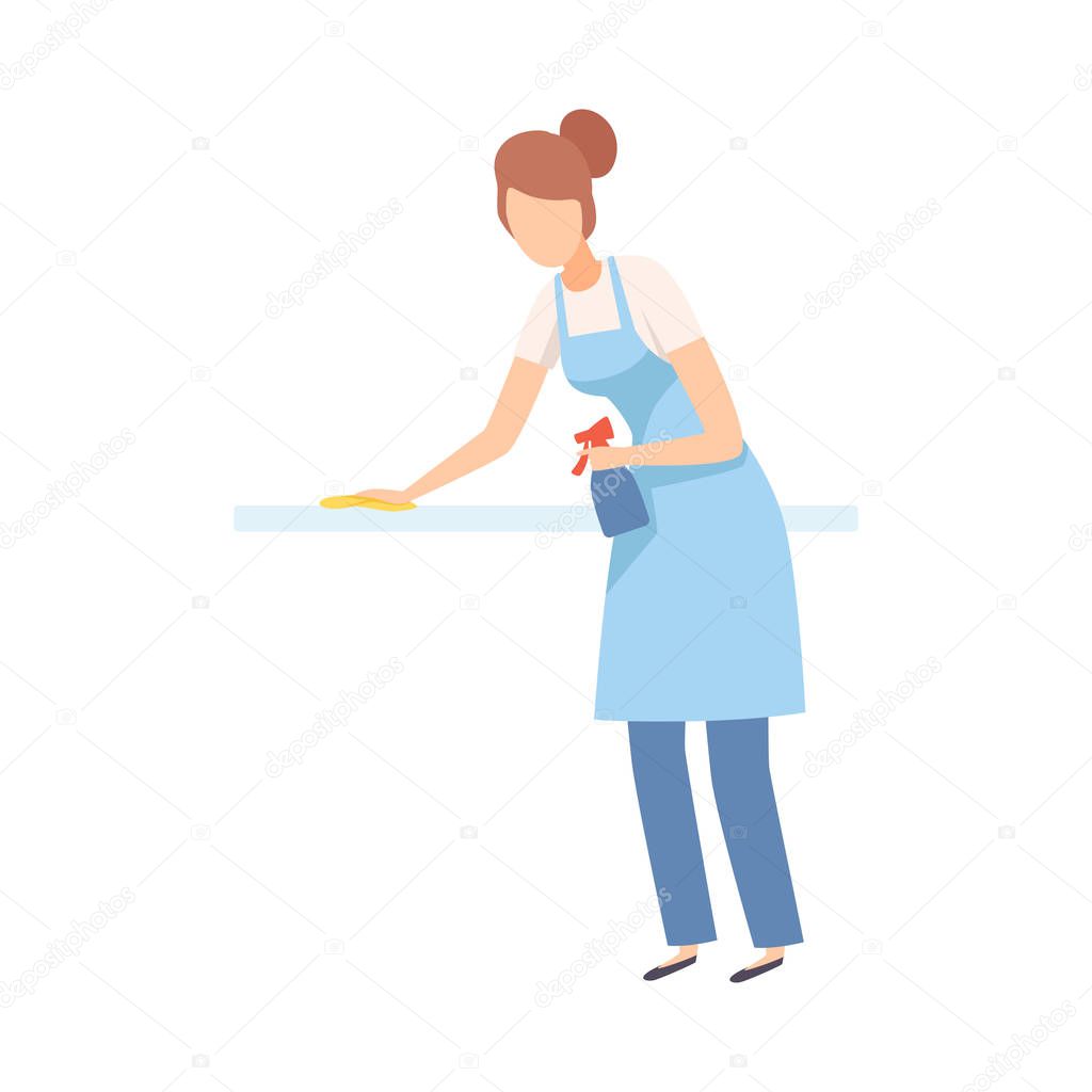 Female Professional Cleaner Wiping Dust with Sprayer and Sponge, Cleaning Company Staff Character Dressed in Uniform with Equipment Flat Vector Illustration