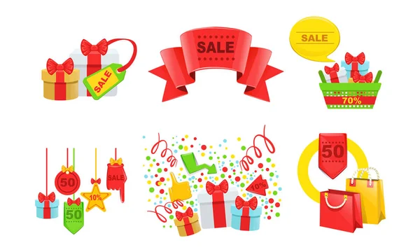 Sale, Special Offer Signs Collection, Tags, Shopping Bags, Gift Boxes Vector Illustration — Stock Vector