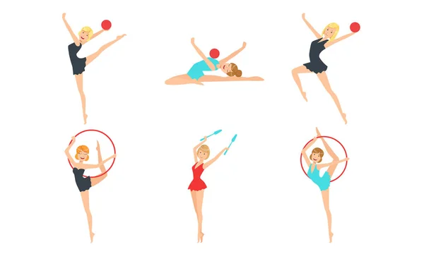 Colection of Gymnast Women Performing Rhythmic Gymnastics Elements with Ball, Ribbon and Clubs Vector Illustration — Stock Vector