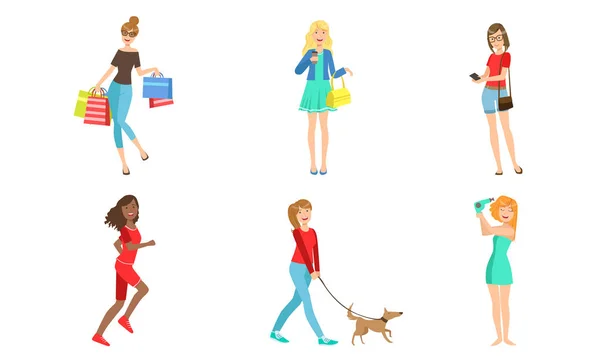 Jonge vrouwen dagelijkse activiteiten set, meisjes winkelen, sporten, wandelen met de hond, drogen haar vector illustratie — Stockvector