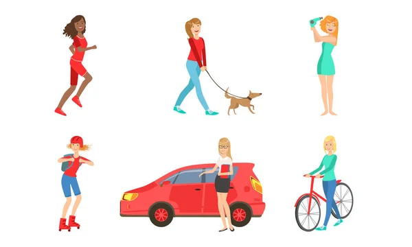 Young Women Daily Activities Set, Girls Shopping, Doing Sports, Walking with Dog, Drying Hair, Girl Rollerblading, Riding Bicycle, Driving Car Vector Illustration - Stok Vektor