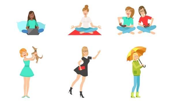 Young Women Daily Routines Set, Girls Working with Laptop, Meditating, Playing Computer Games, Playing with Dog, Working with Umbrella Vector Illustration - Stok Vektor