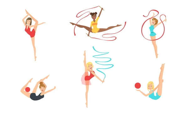Colecção de mulheres ginasta realizando elementos de ginástica rítmica com bolas e fitas ilustração vetorial —  Vetores de Stock