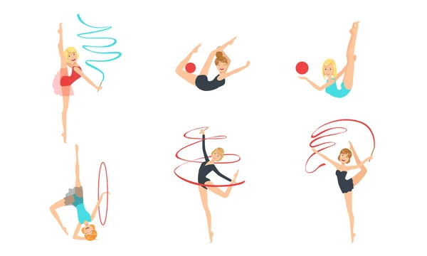 Colection of Gymnast Girls Performing Rhythmic Gymnastics Elements with Balls and Ribbons Vector Illustration — Stock Vector