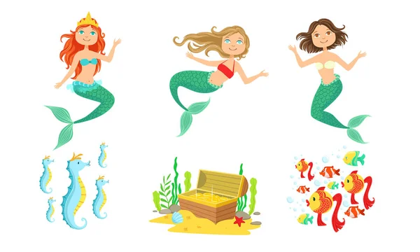 Aranyos kis sellők és víz alatti World Elements beállítása, mesebeli hercegnő, arany mellkas, Csikóhalak, trópusi halak Vector illusztráció — Stock Vector