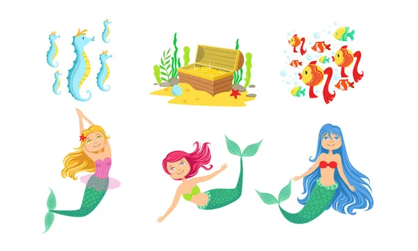 Aranyos kis sellők és víz alatti World Elements beállítása, Fairytale Princess, arany mellkas, seahorses, halak vektoros illusztráció — Stock Vector