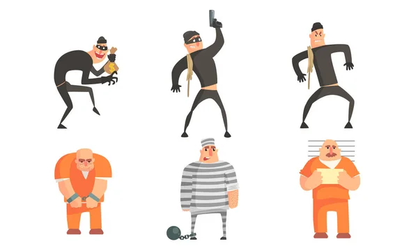 Zločinci a vězni postavy set, maskované lupiči páchání vloupání nebo krádeže, vězni na jednotném vektorovém obrázku — Stockový vektor