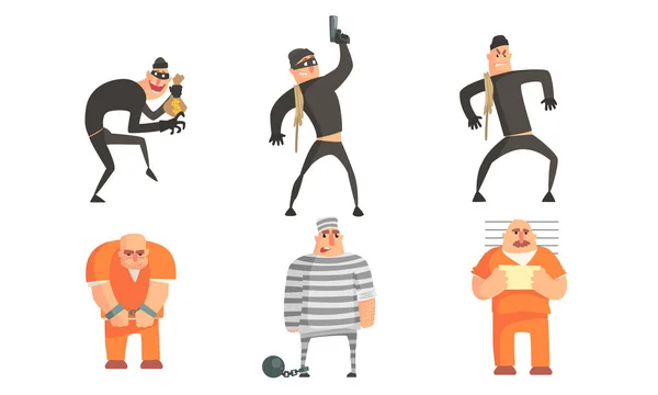 Criminelen en gevangenen personages ingesteld, gemaskerde Rovers plegen inbraak of diefstal, gevangenen in uniforme vector illustratie — Stockvector