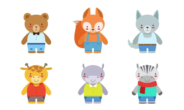 Schattige baby dieren set, Bear, Fox, Wolf, Giraffe, Hippo, Zebra, konijn vector illustratie — Stockvector