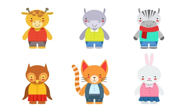 Cute Baby Animals Set, Giraffe, Hippo, Zebra, Owlet, Kitten, Bunny Vector Illustration — Stock Vector