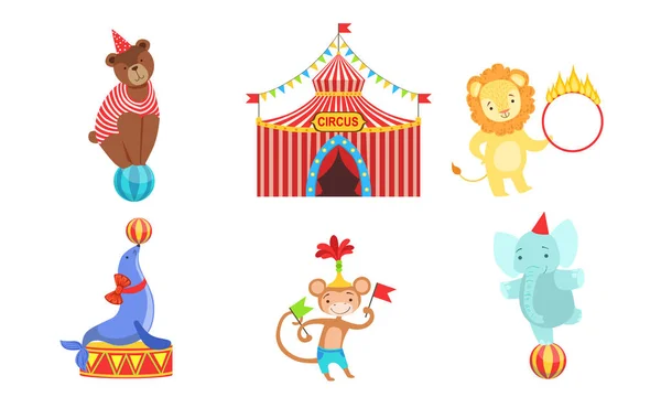 Circus Performers Characters Set, Marquee, Circus Animals, Lion, Bear, Monkey, Elephant Vector Illustration — Stock Vector