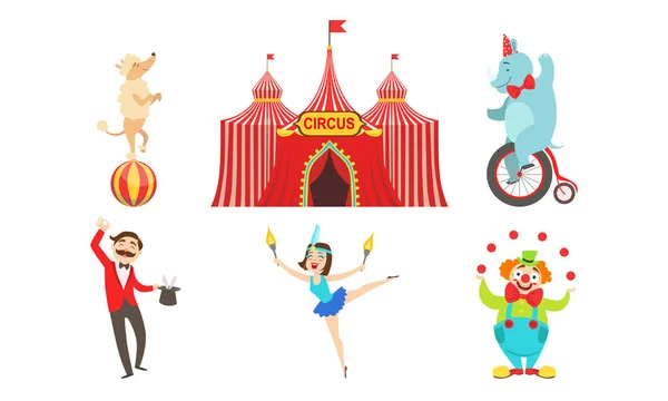 Personajes del Circo Conjunto, Marquesina, Mago, Acrobat, Payaso, Animales de Circo, Caballo, Perro caniche, Elefante Vector Ilustración — Vector de stock