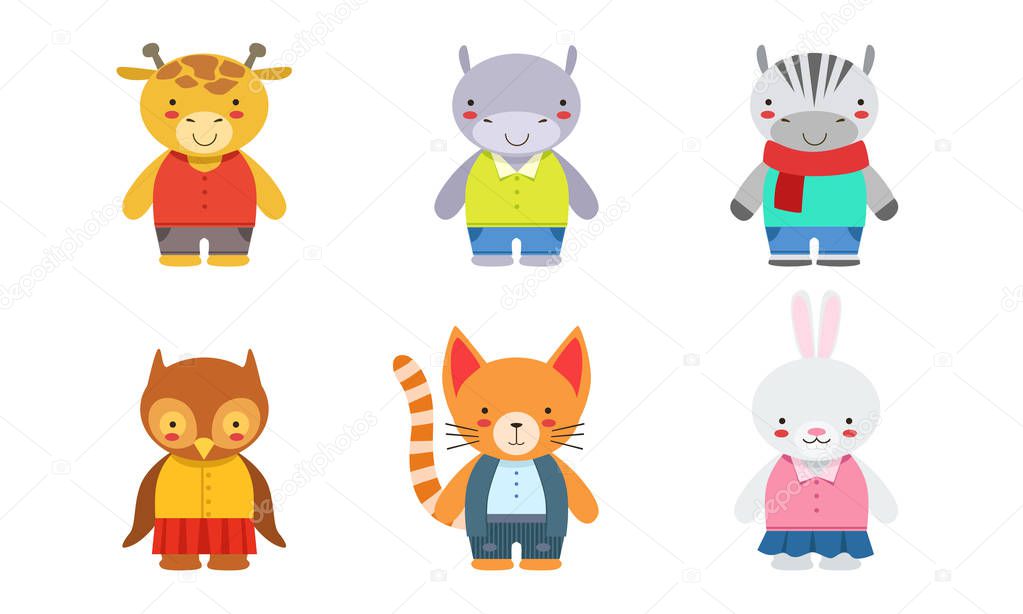 Cute Baby Animals Set, Giraffe, Hippo, Zebra, Owlet, Kitten, Bunny Vector Illustration