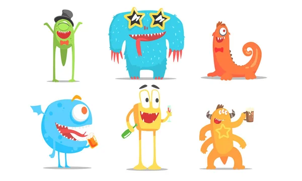 Conjunto de personagens bonitos dos monstros dos desenhos animados, ilustração engraçada do vetor dos elementos do projeto do partido —  Vetores de Stock