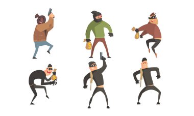 Suçlular Karakter Seti, Maskeli Soyguncular Silah ve Para Sacks Vektör İllüstrasyon Holding