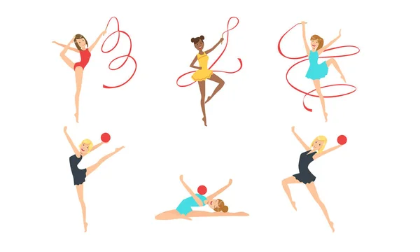 Colection av gymnast flickor i Leotards utför rytmiska gymnastik element med bollar och band vektor illustration — Stock vektor