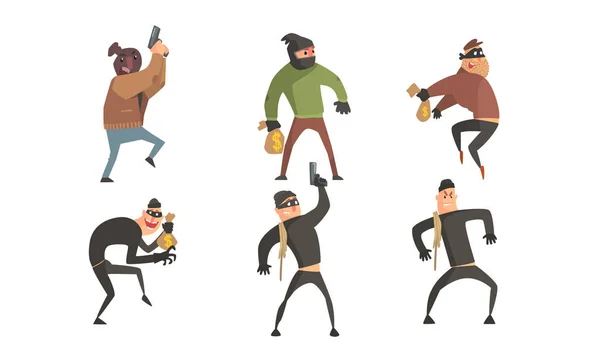 Conjunto de personagens criminosos, ladrões mascarados segurando armas e sacos de dinheiro ilustração vetorial — Vetor de Stock