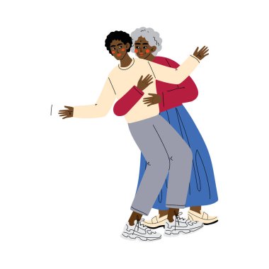 Yetişkin Oğlu ile Yaşlı Anne, Yaşlı Kadın Sarılma Genç Adam, Mutlu Afrikalı Amerikalı Aile Kavramı Vektör İllüstrasyon