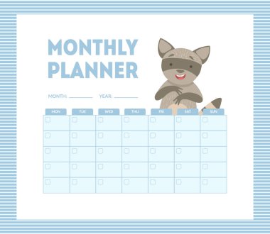 Aylık Planlayıcı Şablonu, Sevimli Takvim, Günlük, Düzenleyici veya Notlar Vektör İllüstrasyon Yeri ile Program