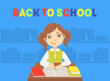 Back To School Banner Şablon sevimli kız, Ilkokul Öğrencisi Desk Vektör İllüstrasyon oturan