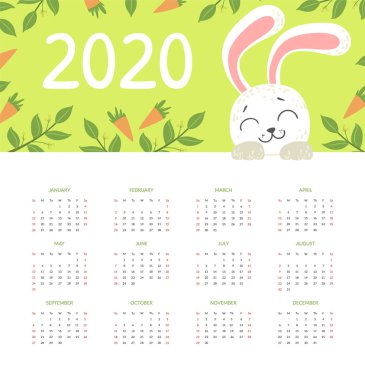 Takvim 2020, Sevimli Komik Bunny Vektör İllüstrasyon ile Aylık Takvim