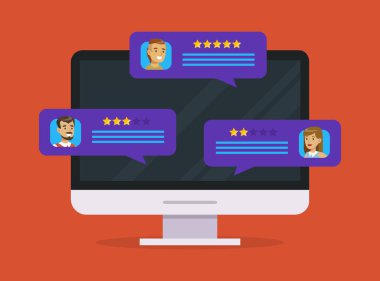 Bilgisayar Monitörü Geri Bildirim Müşteri İnceleme Sayfası, İnceleme Değerlendirme Konuşma Kabarcıkları Vektör İllüstrasyon