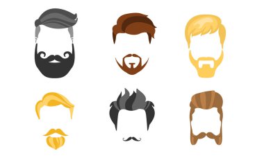 Farklı Erkek Saç Modelleri, Sakal ve Bıyıklar, Hipster Saç Kesimi Vektör İllüstrasyon