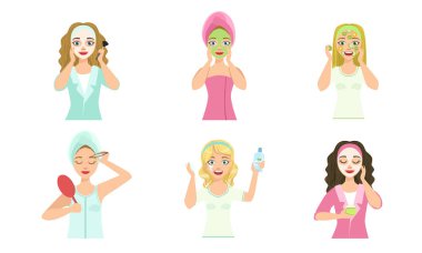 Cilt Bakımı ve Tedavi Seti için Farklı Yüz Maskeleri Uygulayan Güzel Kızlar, Genç Kadın Temizlik ve Yüzbakımı, Yüz Bakımı, Güzellik, Hijyen Vektör İllüstrasyon