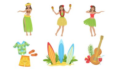 Collection of Traditional Symbols of Hawaiian Culture, Beautiful Girls Dancing in Traditional Costume Vector Illustration clipart