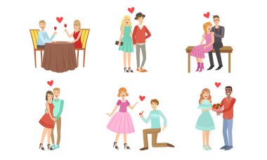 Mutlu Romantik Loving Çiftler Koleksiyonu, Genç Erkek ve Kadın Tarih, Yürüyüş, Sarılma, Teklif Yapma, Akşam Yemeği Vektör İllüstrasyon sahip