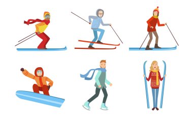 Kış Sporları Aktivite Seti, Farklı İnsanlar Kayak, Snowboard, Paten Vektör İllüstrasyon