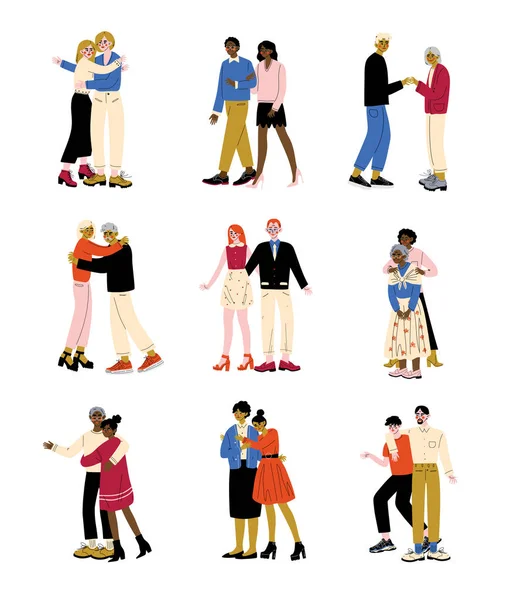 父母和成年子女集，年迈的母亲和父亲拥抱他们的儿女，幸福家庭概念矢量插图 — 图库矢量图片