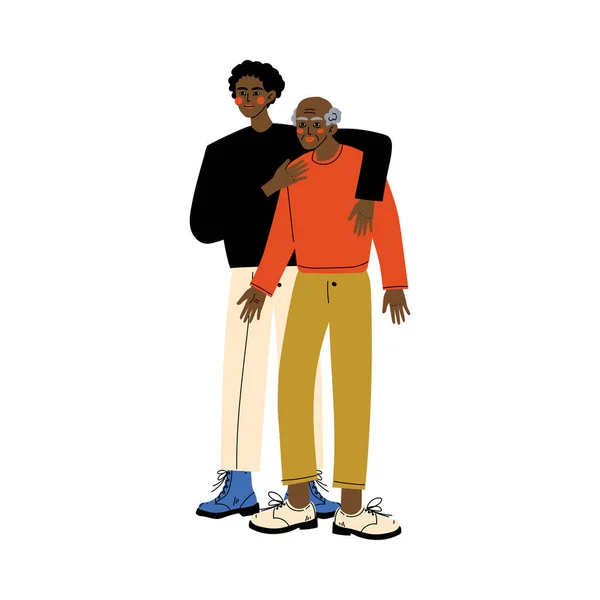 Vieux père avec fils adulte, jeune homme étreignant son père, Happy African American Family Concept Illustration vectorielle — Image vectorielle