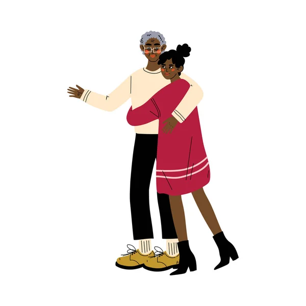 Pai velho com filha adulta, mulher jovem abraçando seu pai, feliz família afro-americana Conceito Vetor Ilustração — Vetor de Stock