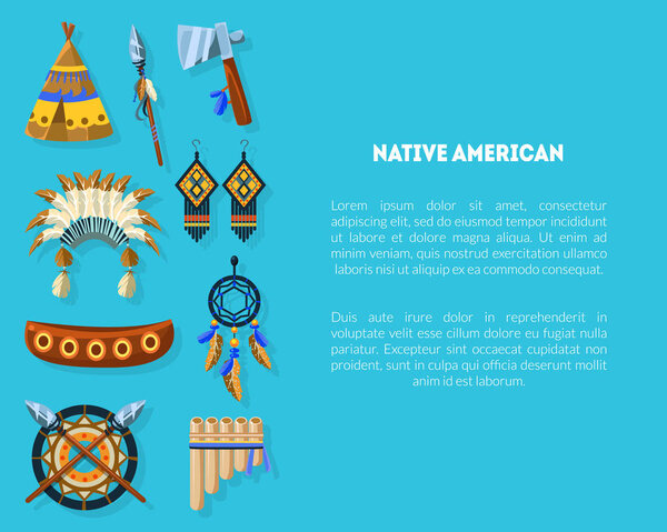 Native American Banner Template with Ethnic Indian Symbols, Teepee, Headdress, Earrings and Space for Text Vector Illustration