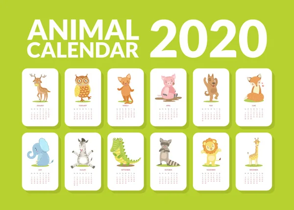 Calendar 2020, Monthly Calendar with Cute Animals, Deer, Owl, Cat, Pig, Dog, Elephant, Zebra, Crocodile, Raccoon, Lion, Giraffe Vector Illustration — Stock Vector