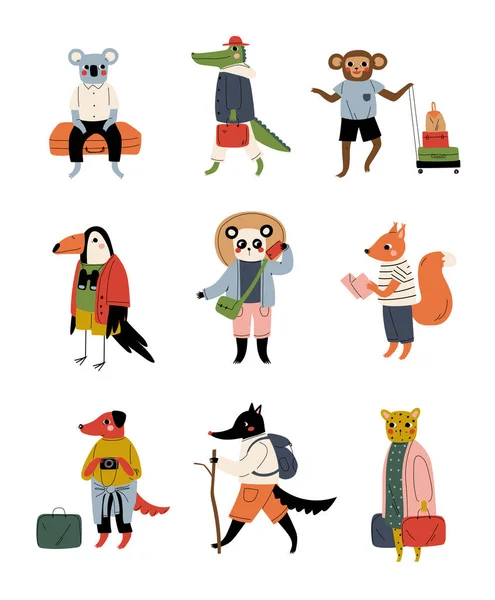 Collectie van dieren toeristen met bagage, grappige gehumaniseerd dieren cartoon karakters gaan op vakantie vector illustratie — Stockvector