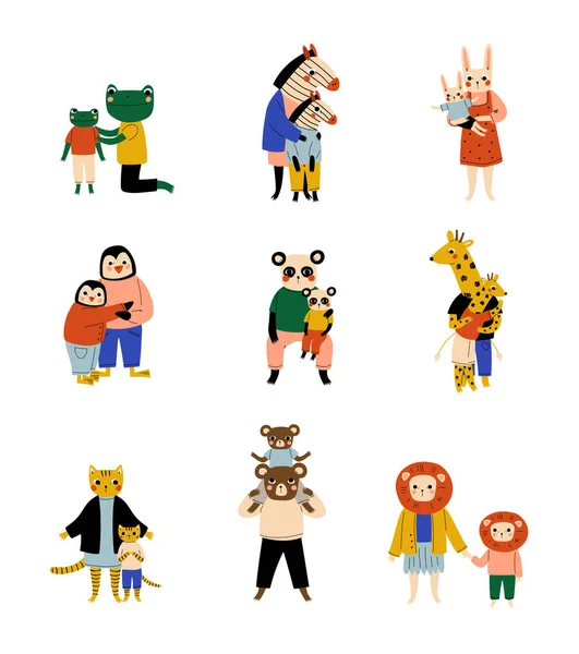 Animals Parents and Their Kids Set, Loving Mothhers and Fathers with Adorable Children Humanized Characters Vector Illustration — Stock Vector